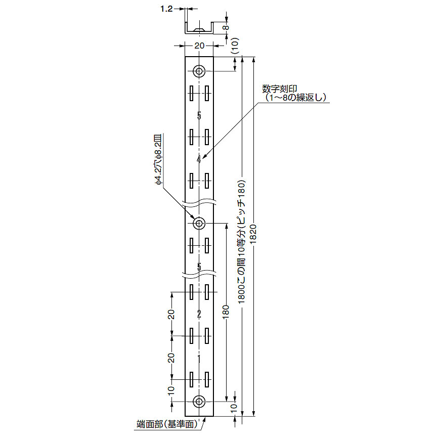 棚柱(ダボレール・ガチャ柱) 高さ1820mm ステンレス製 棚厚1.2mm 重量用棚柱 スガツネ（LAMP印） SPHL1820 金具