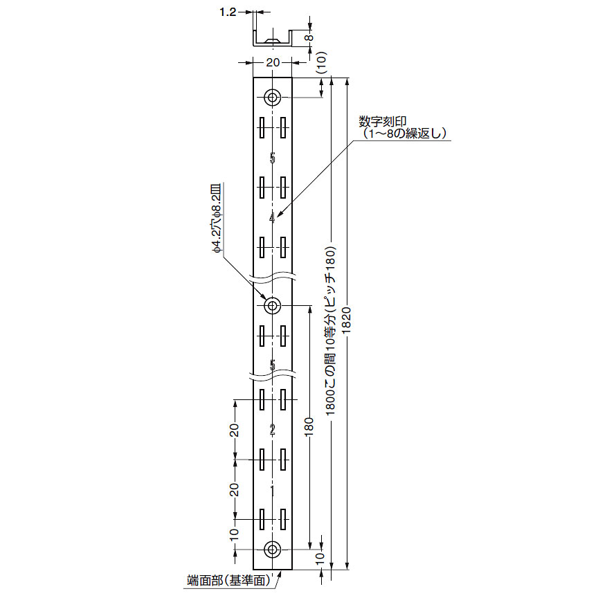 棚柱(ダボレール・ガチャ柱) 高さ1820mm ステンレス製 棚厚1.2mm 重量用棚柱 スガツネ（LAMP印） SPHL1820 金具