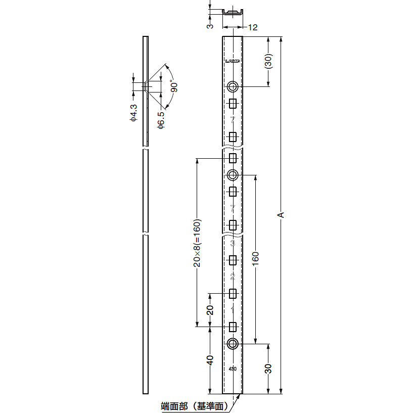 棚柱(ダボレール・ガチャ柱) 高さ1820mm ステンレス製 取付穴12個 ホワイト スガツネ（LAMP印） SPE1820WT 金具